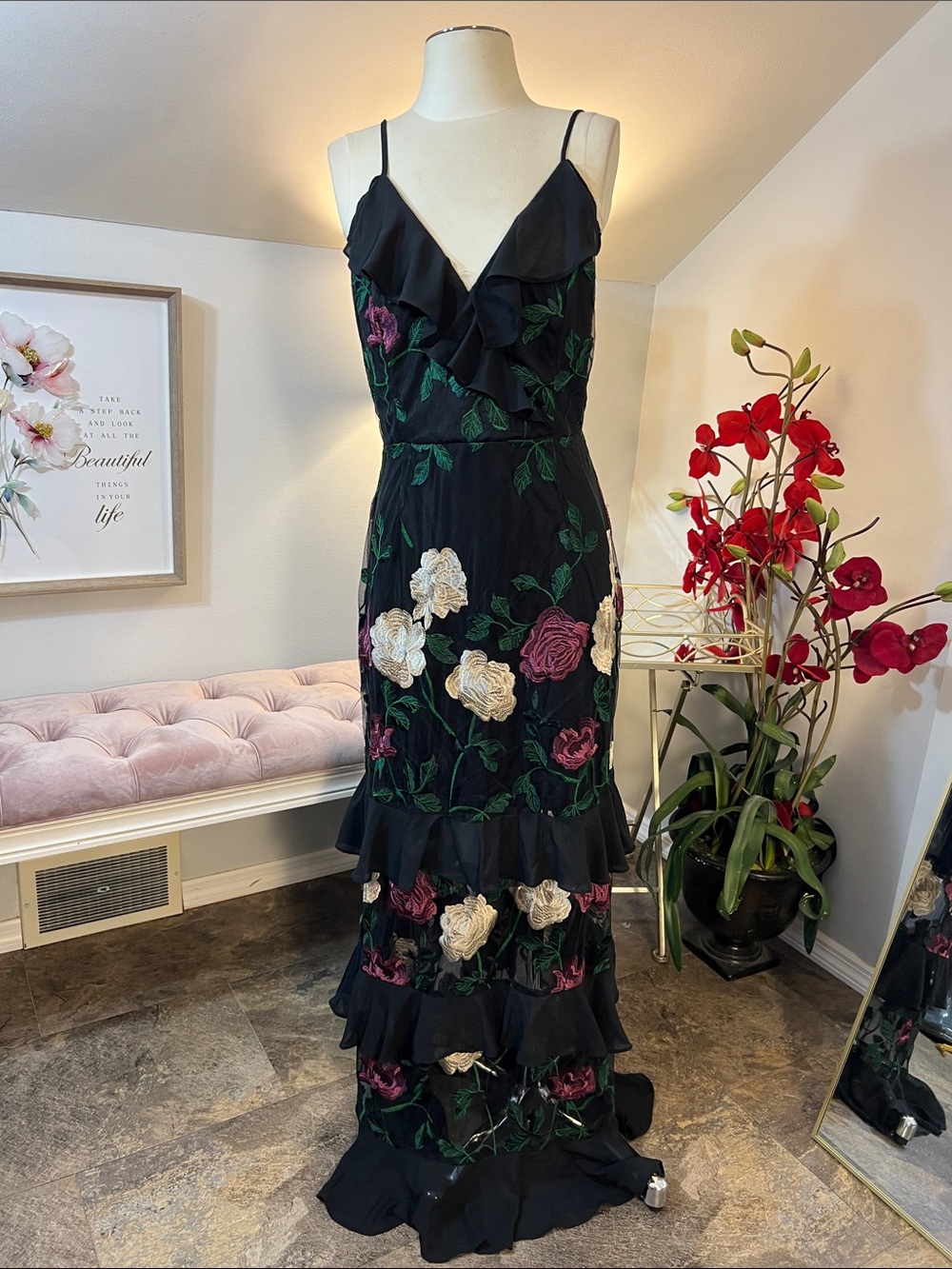 Lulus True to Heart Black Floral Embroidered Maxi Dress Size XL